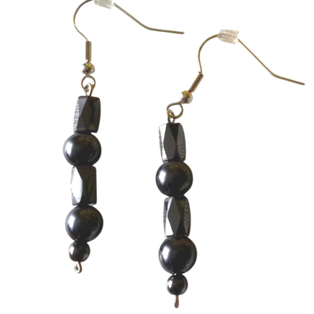 Onyx & Black Pearls Pierced Earrings Silver Dangle Beaded Elegant Quiet Luxury